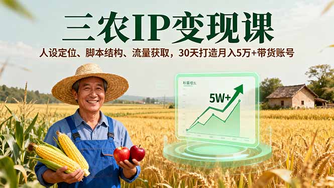 三农IP变现课，人设定位、脚本结构、流量获取，30天打造月入5万+带货账号