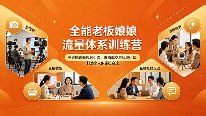 全能老板娘流量体系训练营，三天吃透短视频引流、直播成交与私域运营，打造个人IP轻松变现-白蛇网