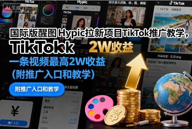 国际版醒图Hypic拉新项目TikTok推广教学，一条视频最高2W收益(附推广入口和教学)
