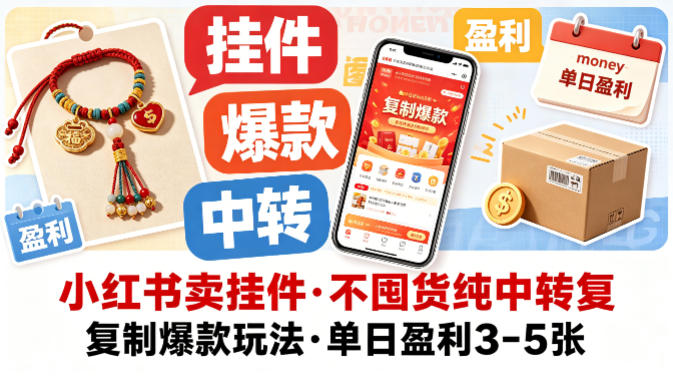 小红书卖挂件，不囤货纯中转复制爆款玩法，单日盈利3-5张-白蛇网