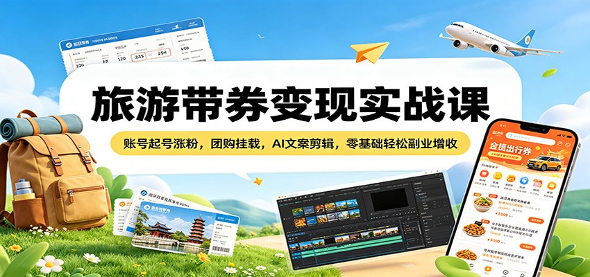 旅游带券变现实战课：账号起号涨粉，团购挂载，AI文案剪辑，零基础轻松副业增收-白蛇网