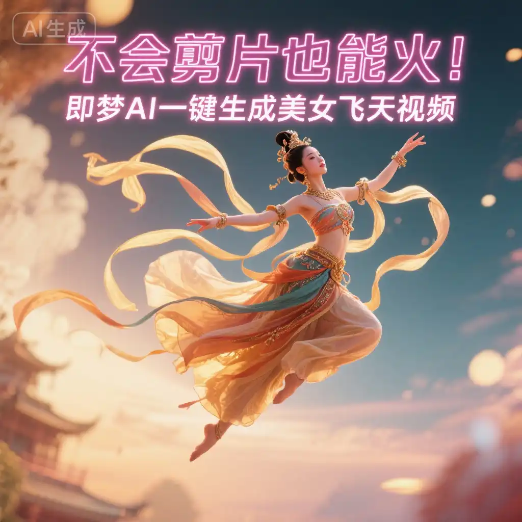 不会剪片也能火！即梦AI一键生成美女飞天视频，0基础7天涨粉10W+