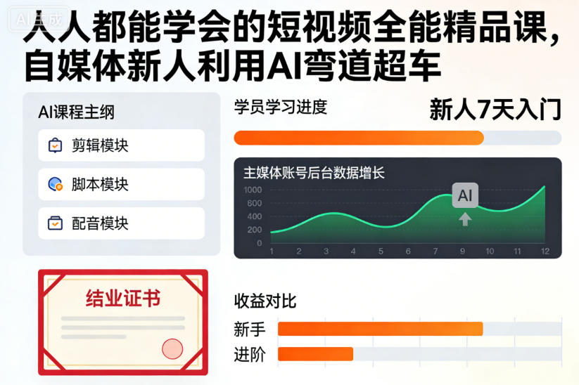 人人都能学会的短视频全能精品课，自媒体新人利用AI弯道超车