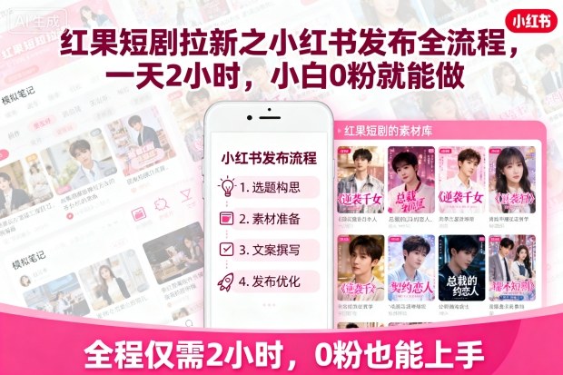 红果短剧拉新之小红书发布全流程，一天2小时，小白0粉就能做