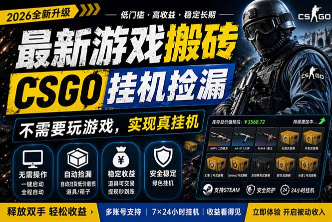 最新游戏搬砖，CSGO纯挂机，不需要玩游戏，实现真挂机，月入1W+，五一小高峰上车可吃肉，-白蛇网